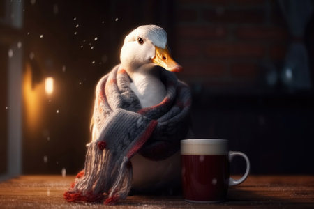 A white duck wearing a scarf and having a coffee created with generative AI technologyの素材