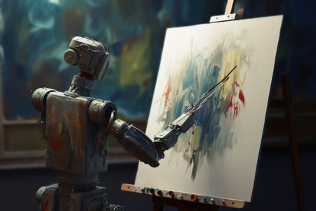 AI robot is painting an artwork created with generative AI technologyの素材