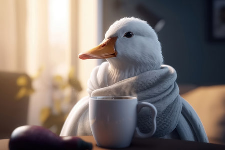 A white duck wearing a scarf and having a coffee created with generative AI technologyの素材