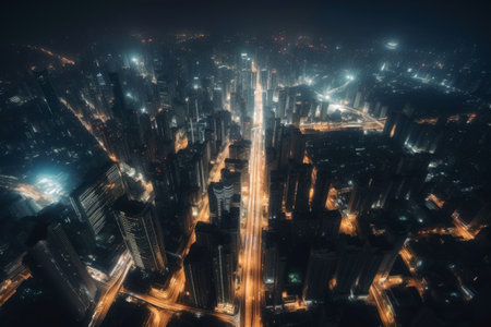 Aerial view of a town long exposure with lots of lights created with generative AI technologyの素材