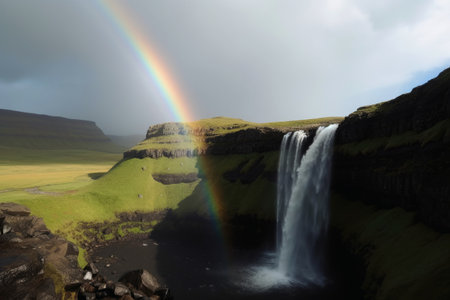 A Waterfall with a stunning rainbow created with generative AI technologyの素材