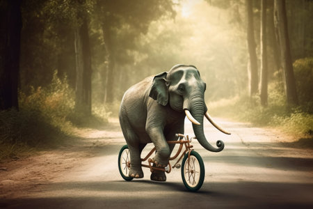 An elephant riding a small bicycle created with generative AI technologyの素材