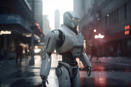 An AI robot in a busy street created with generative AI technologyの素材