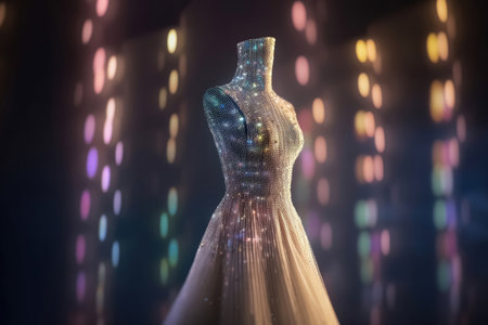 An Elegant Dress Made of Fibre Optic Cables on a Mannequin created with generative AI technologyの素材