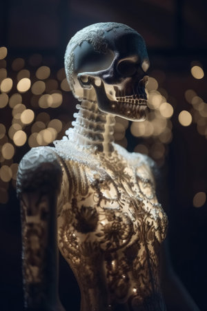 An innovative and elegant dress made of bones and skulls on a Mannequin with soft bokeh lights created with generative AI technologyの素材