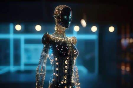 An innovative and elegant modern dress made of electronics on a AI robot with soft bokeh lights created with generative AI technologyの素材