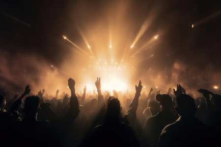 Black silhouette of a huge crowd of cheering people in front of a rock stage with soft bokeh lights created with generative AI technologyの素材