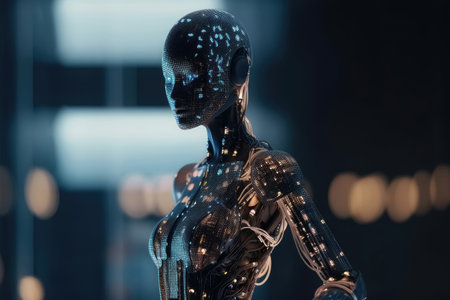 An innovative and elegant modern dress made of electronics on a AI robot with soft bokeh lights created with generative AI technologyの素材