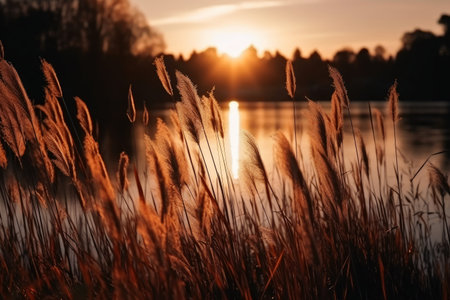 Beautiful reed grass by a lake at sunset created with generative AI technologyの素材