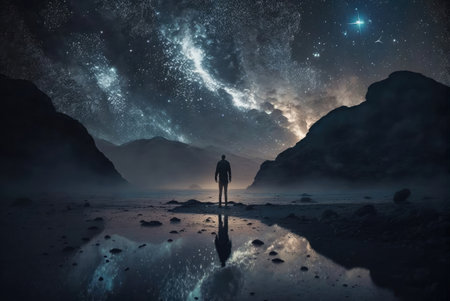 A lone person looks up at the stars of the Galaxy at night created with generative AI technologyの素材