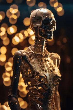 An innovative and elegant dress made of bones and skulls on a Mannequin with soft bokeh lights created with generative AI technologyの素材
