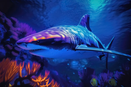 Blacklight Painting of a shark in the Ocean created with generative AI technologyの素材