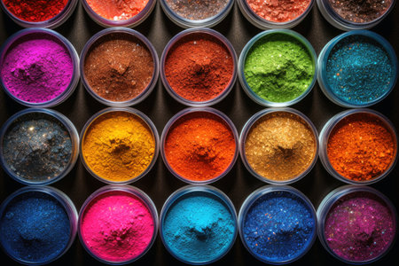 Colorful glitter powder in little glass bowls created with generative AI technologyの素材