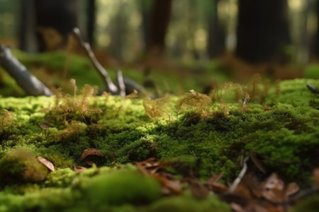Close up view on a forest ground with a lot of moss and little branches created with generative AI technologyの素材