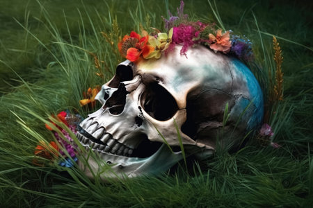 Colorful flowers growing out of a skull, some grass on the ground created with generative AI technologyの素材