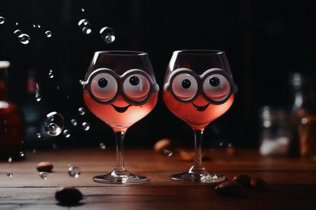 Happy glasses with eyes and arms on a table created with generative AI technologyの素材