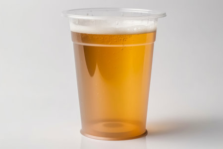 Glass of beer in a plastic tumbler on a white background created with generative AI technologyの素材