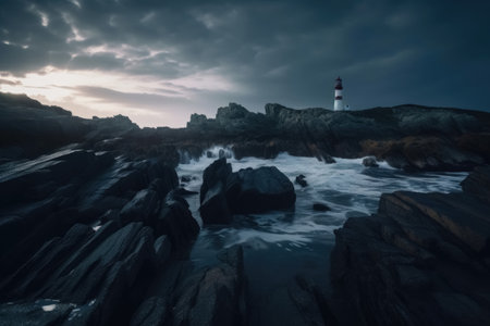 Long exposure of a rocky coast with a lighthouse on it created with generative AI technologyの素材