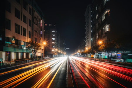 Low angle street view at night with long light trails long exposure created with generative AI technologyの素材