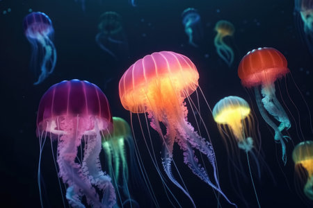 Multiple brightly coloured jellyfish in the depths of the ocean with lightbeams from above created with generative AI technologyの素材
