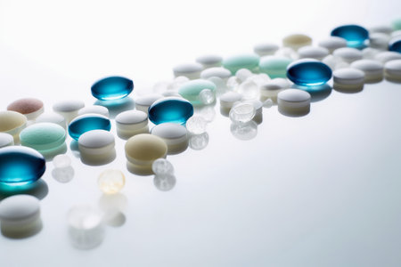 Medical concept with tablets and blisters on a white background created with generative AI technologyの素材