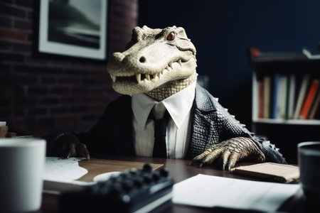 Portrait of a crocodile in a business suit office background created with generative AI technologyの素材