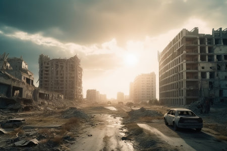 Post apocalyptic and destroyed buildings in a big city created with generative AI technologyの素材