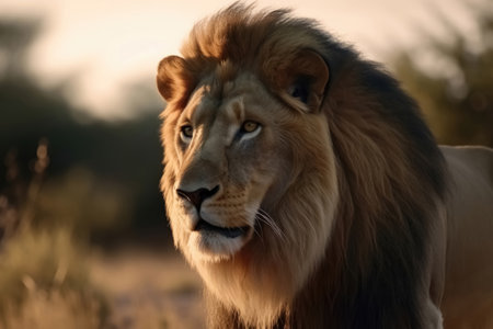 Portrait of a strong male lion with the African savanna in the background created with generative AI technologyの素材