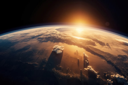 The rising sun above the earth as seen from space created with generative AI technologyの素材