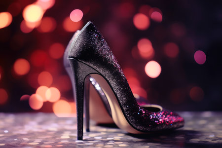 Stylish high heel shoes with glitter and bokeh lights created with generative AI technologyの素材