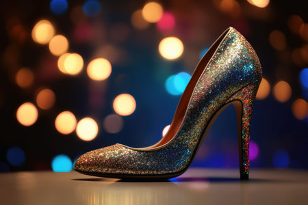 Stylish high heel shoes with glitter and bokeh lights created with generative AI technologyの素材