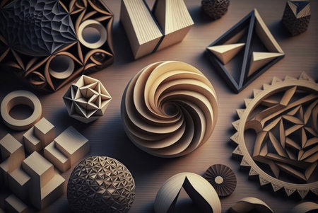 The beauty of mathematics - wooden geometric shapes created with generative AI technologyの素材