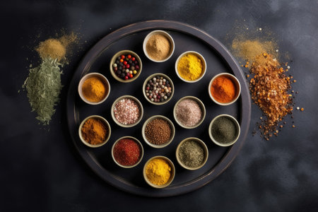 View from above of numerous spices in small bowls on a dark slate plate with copy space created with generative AI technologyの素材