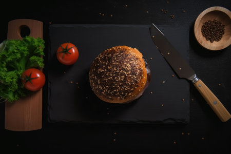 Top view of a black slate preparing a delicious burger created with generative AI technologyの素材
