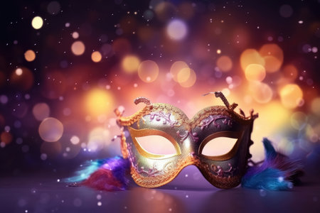 Venetian carnival mask with shiny lights and a defocused bokeh created with generative AI technologyの素材