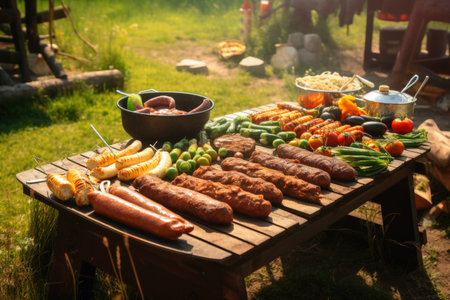 A tasty barbecue with sausages and vegetables created with generative AI technologyの素材