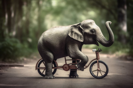 An elephant riding a small bicycle created with generative AI technologyの素材
