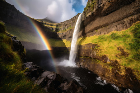 A Waterfall with a stunning rainbow created with generative AI technologyの素材
