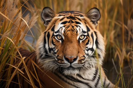 A strong tiger in the high grass at a river created with generative AI technologyの素材
