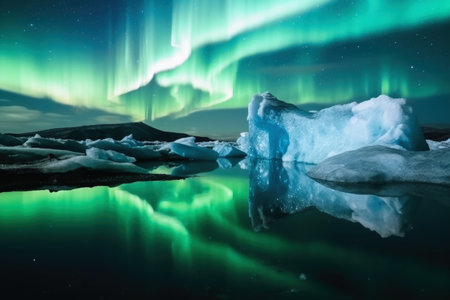 An iceberg landscape with water reflection, the aurora borealis in the sky created with generative AI technologyの素材