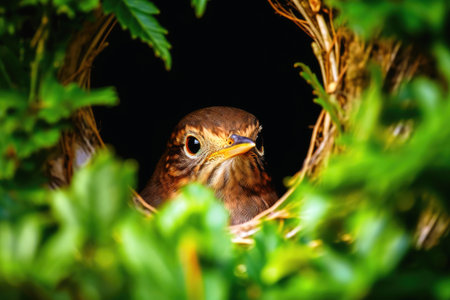 Bird peek a boo out of a tree created with generative AI technologyの素材
