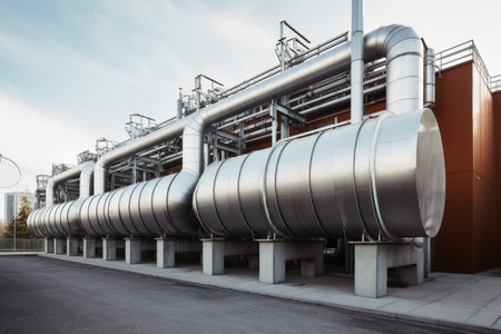 Exterior view of a large industrial area with many shiny pipes created with generative AI technologyの素材