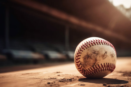 Close up of a baseball with a playfield background created with generative AI technologyの素材