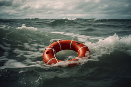 Lifebuoy on a stormy water created with generative AI technologyの素材