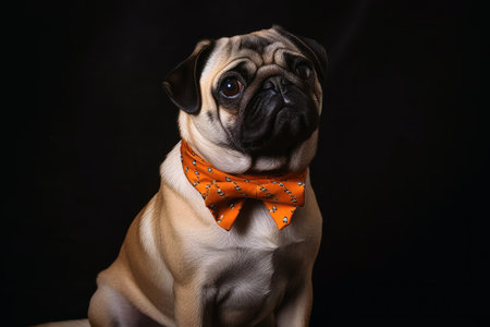 Portrait of a cute pug dog wearing a bowtie created with generative AI technologyの素材