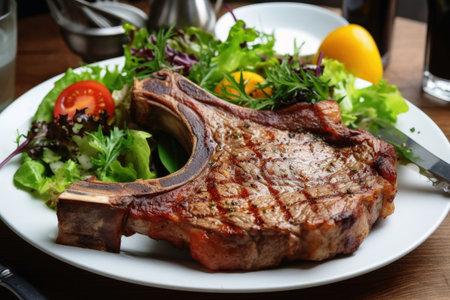 Tasty T Bone steak on a plate with some salad created with generative AI technologyの素材