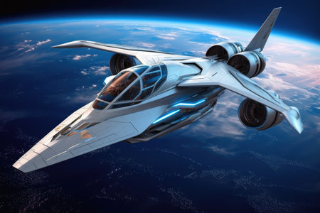 A futuristic aircraft in space with planet earth in the background created with generative AI technologyの素材