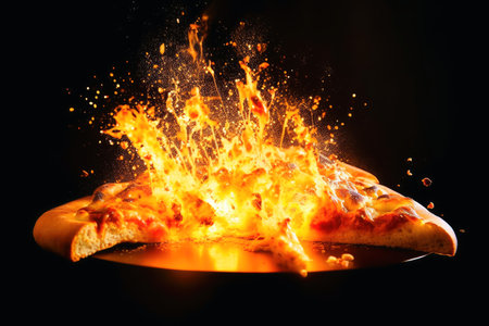 Exploding pizza on a dark background created with generative AI technologyの素材