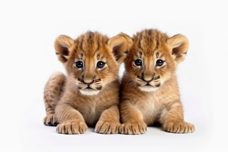 Two cute lion cubs on a white background created with generative AI technologyの素材