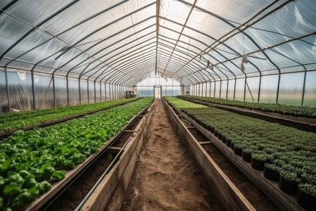 View of a large greenhouse from inside for vegetable production created with generative AI technologyの素材